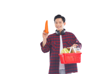 portrait of asian man holding shopping basket posing on white background, shopping concept