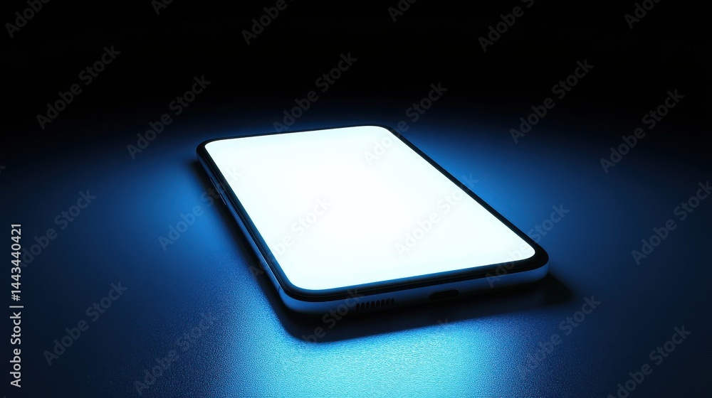 Poster a glowing blue background with an empty white screen of the smartphone on it, illuminated by soft li