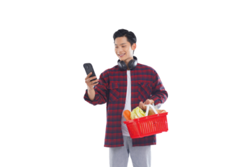 portrait of asian man holding shopping basket posing on white background, shopping concept