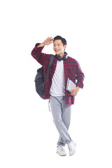 portrait of asian male student with backpack, holding books posing on white background, education concept