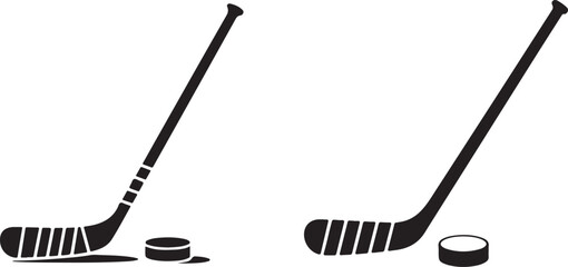 Hockey Sticks And Puck Black Silhouettes Isolated On White Background For Design Projects