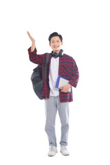 Fototapeta premium portrait of asian male student with backpack, holding books posing on white background, education concept