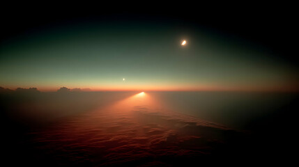 Breathtaking sunset viewed from above the clouds, with a crescent moon and stars visible in the twilight sky.  A stunning aerial perspective of celestial beauty.