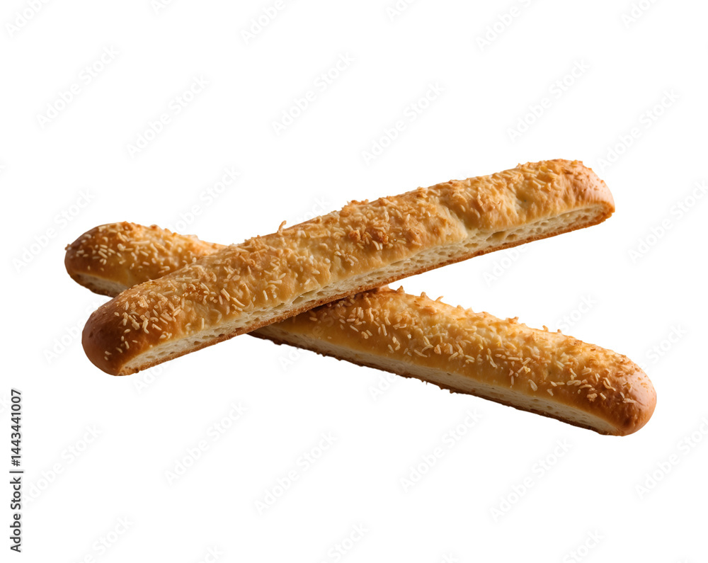 Poster golden breadsticks with crispy texture, a culinary delight featuring two freshly baked breadsticks a