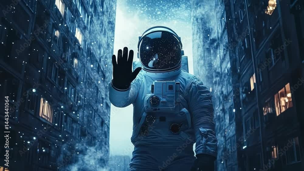 Poster man in a white spacesuit stands in front of a building. the building is lit up with lights