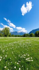 Wide meadow stretches to mountains under a vibrant blue sky