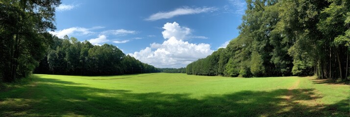 Wide grassy field with trees under a partly cloudy sky