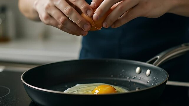 Cracking an egg into frying pan