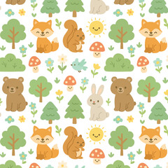 Fototapeta premium Cute Woodland Creatures with Mushrooms and Flowers Pattern