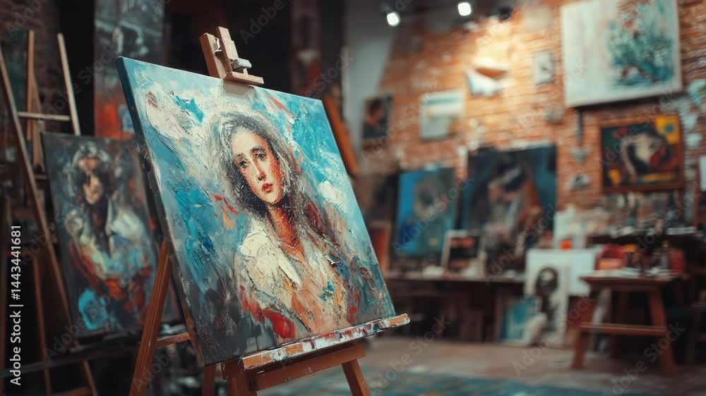 Poster A painter's workspace with an easel holding a canvas