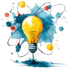 Illuminated bulb within atom model and watercolor splatters, creativity and innovation