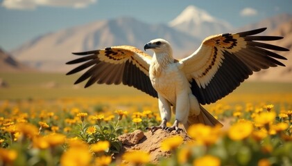 Obraz premium Majestic Egyptian vulture, wings outstretched, wildflowers bloom , animal photography, Egyptian vulture
