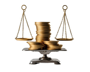 Golden Equilibrium, Coins Balanced on a Scale Symbolizing Financial Stability and Wealth Management in a Precise and Artful Composition