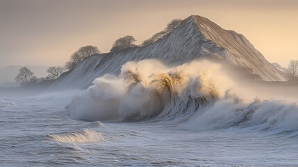 Powerful ocean waves crash against a dramatic coastal cliff.
