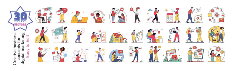 Modern Communication Vector Pack: Digital Interaction & Social Networking Illustrations, A vibrant collection of communication concept vector illustrations, featuring diverse characters engaged