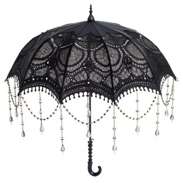 Watercolor Coquette Black lace parasol with dangling chains isolated on transparent background