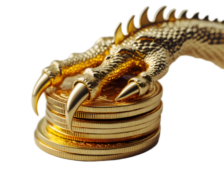 Golden Dragon's Hoard, A Stack of Coins Protected by a Mythical Claw, Symbolizing Wealth, Power, and the Allure of Treasure with an isolated composition