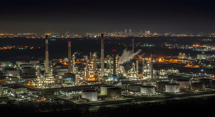 Fototapeta premium Industrial Oil Refinery Complex at Night with Illuminated Storage Tanks and Chimneys