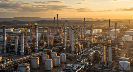 Fototapeta premium Industrial Oil Refinery Complex at Golden Sunset with Tanks and Pipelines for Petroleum Production