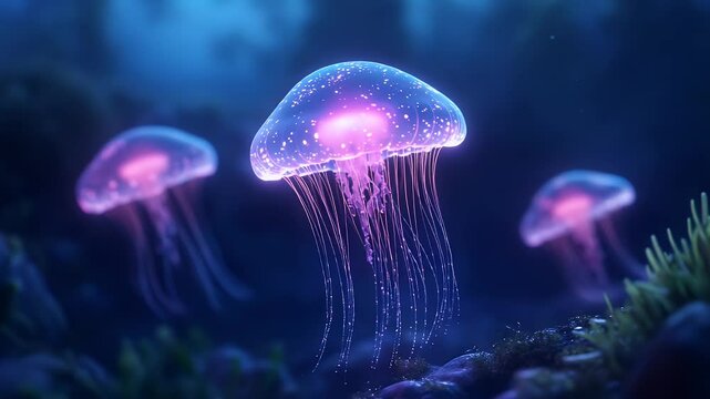 Glowing jellyfish underwater
