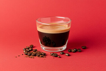 A shot of espresso in a clear glass with coffee beans on a red background studio shot