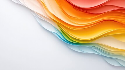 Colorful abstract paper layers flowing in smooth waves, vibrant gradient from orange to blue, modern art composition on white background, and creative design concept.