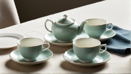 A serene tea set: Beautifully crafted cups and teapot in a tranquil hue evoking a sense of calm and delicate charm.