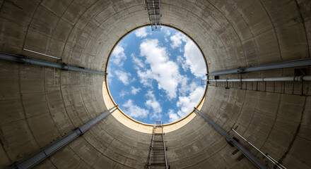 Looking Up Through a Concrete Structure to a Blue Sky with Clouds Industrial Construction Architecture and Engineering