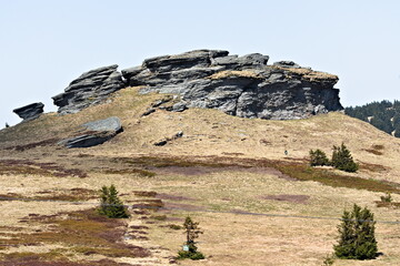Rocks called Petrovy kameny near to television transmitter and watchtower on the top of the Praded mountain in Jeseniky moutains.