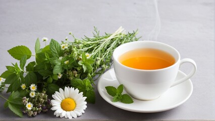 Herbal Infusion: A Cup of Soothing Warmth with Freshly Picked Chamomile, Mint, and Rosemary for a Moment of Peaceful Relaxation.