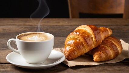 Warm Mornings: Aromatic Coffee with Delicate Latte Art Accompanied by Freshly Baked, Golden-Brown Croissants on a Rustic Wooden Surface