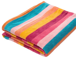 Folded colorful striped towel with pink orange yellow and turquoise on a transparent background