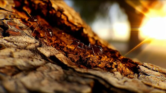 Ants on weathered tree trunk
