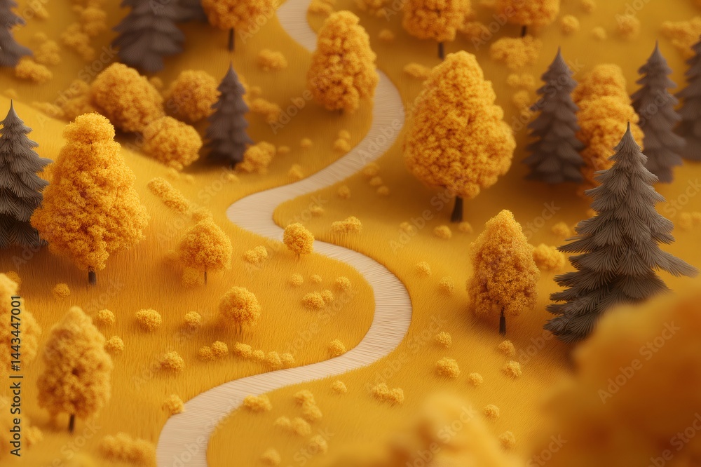 Poster 3d of a winding path through a golden autumn forest creates a tranquil and inviting scene