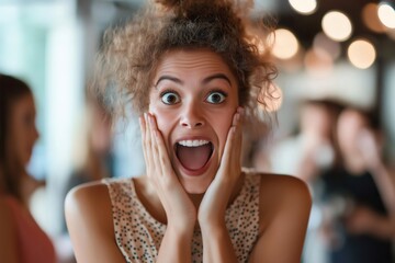 Surprised curly haired woman holding her cheeks while screaming with excitement in a lively restaurant, radiating pure joy and astonishment