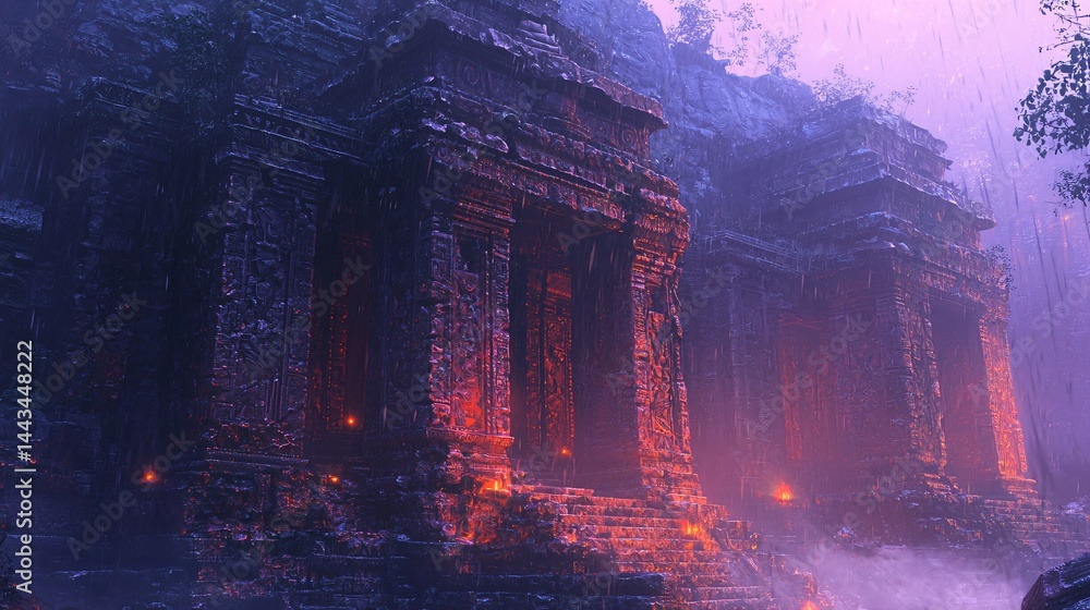 Poster enigmatic ancient temple surrounded by lush jungle canopy at twilight illuminated by an ethereal glo