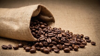 Aromatic Coffee Beans Spilling from a Burlap Sack, Creating a Rustic and Inviting Still Life Presentation.
