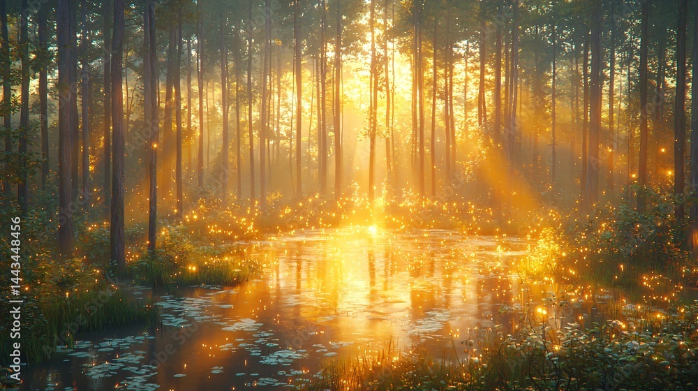 Poster enchanting forest with a reflective pond bathed in sunlight shining through the canopy creating a ma