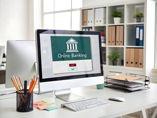 Naklejka premium Online banking interface displayed on a desktop computer screen in a modern office setting. 