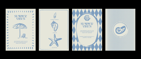 Abstract summer posters in art sketch doodle style with hand drawn elements: beach chair with umbrella, seashells and typography design. Trendy summer design for branding, ads, print, decor