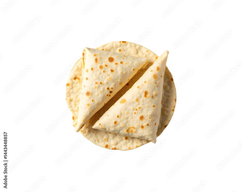 Poster high-angle top view of freshly sliced tortilla wrap segments on a simple tortilla, creating a visual