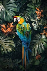 A vibrant macaw perched among lush green leaves and colorful flowers, showcasing its stunning plumage.