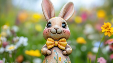 Cute ceramic Easter bunny figurine in a meadow