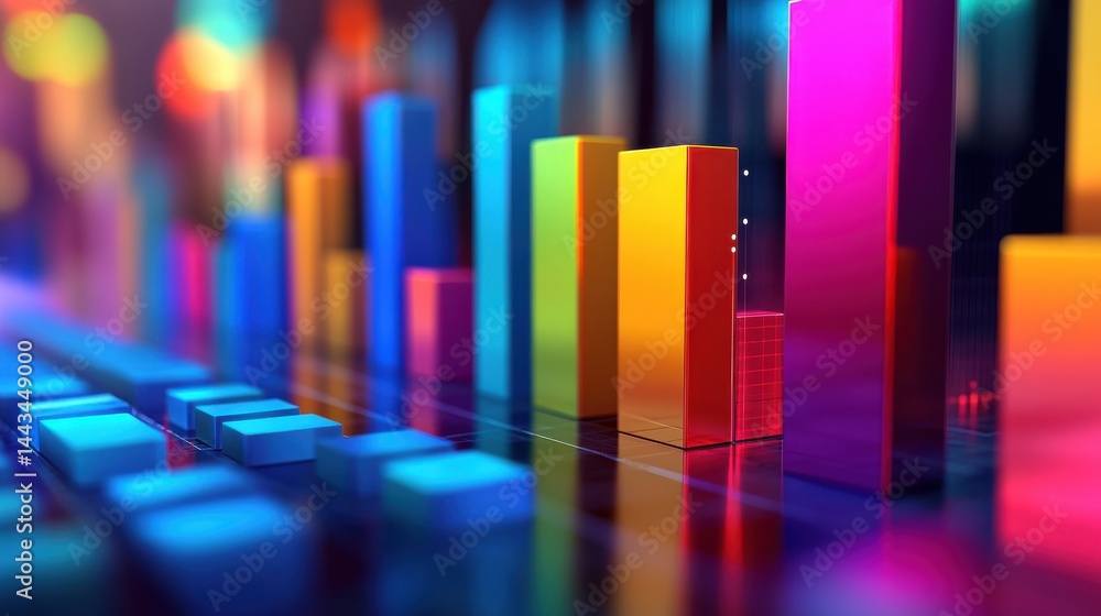 Poster a vibrant bar graph displaying colorful data visualization, representing growth and analysis in a mo