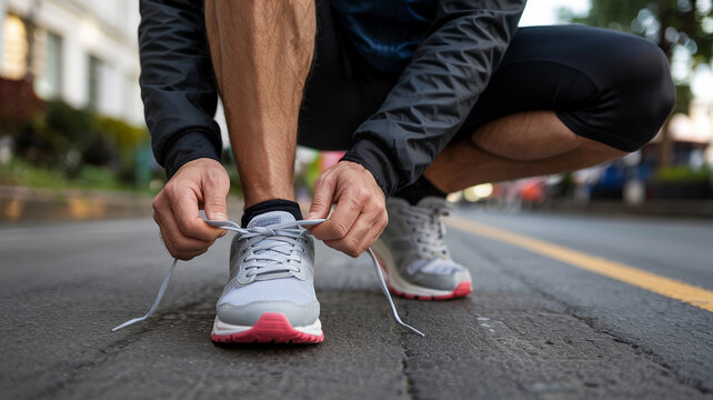 Runner tying shoelaces on a city street in the early morning before a fitness session or training run