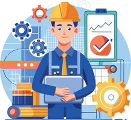 Mechanical Engineer with Tools and Gears&mdash;Flat Style Illustration