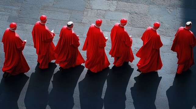 Group of Catholic cardinals, dressed in red vestments, walks solemnly during a papal conclave.