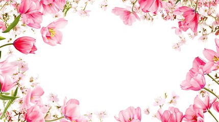 Fototapeta premium Pink red cream tulips arranged floral frame white canvas spring botanical background romantic celebration design picture