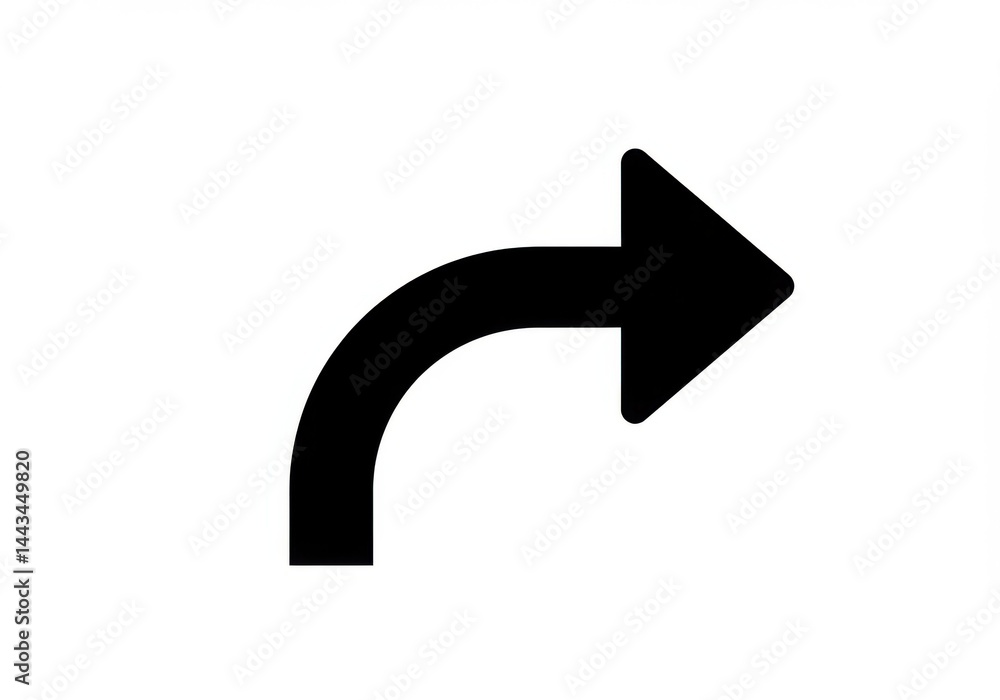 Poster a simple graphic of a curved arrow pointing towards the right side isolated on white background
