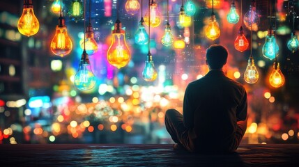 A man sits contemplatively in front of a vibrant cityscape, illuminated by light bulbs and colorful patterns, symbolizing creativity and innovation